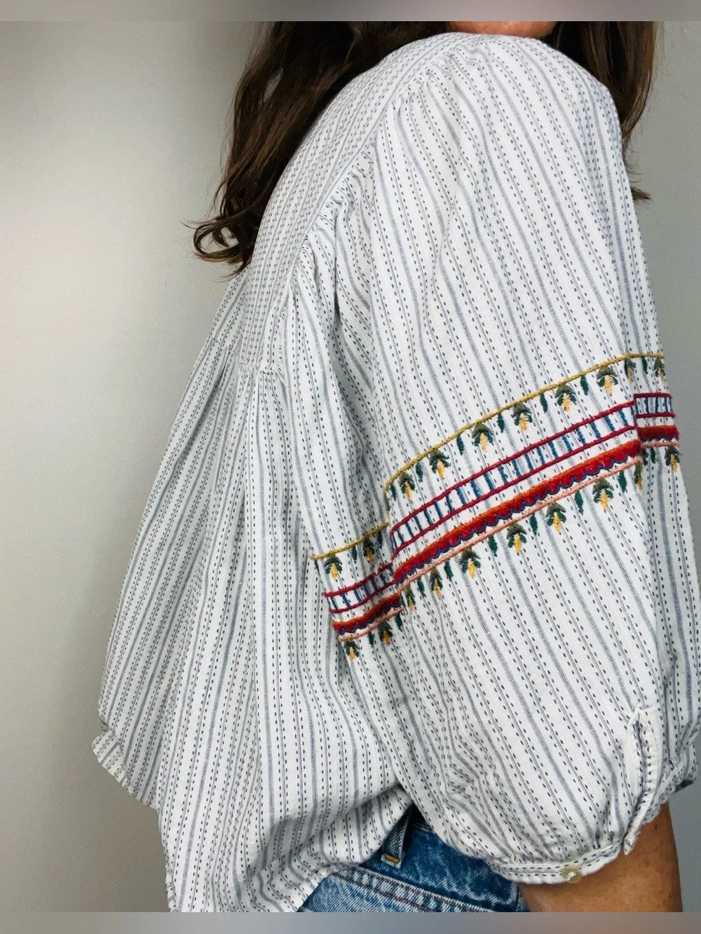 Zara TRF Embroidered Striped Peasant Blouse – Boho Blue & White – XL